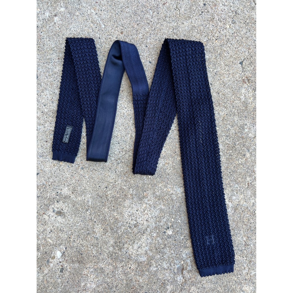 Authentic Hermes 100% Silk Navy Blue Knit Men's Tie H Logo Tricot France - Picture 5 of 8